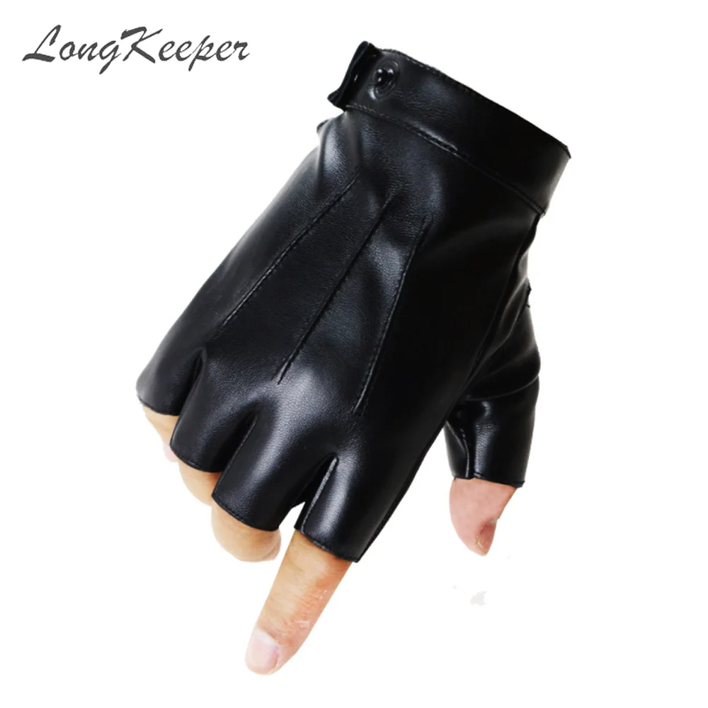 

LongKeeper PU Leather Half Finger Gloves For Men Women Black Fashion Fingerless Outdoor Dancing Non-slip Driving Mittens Guantes