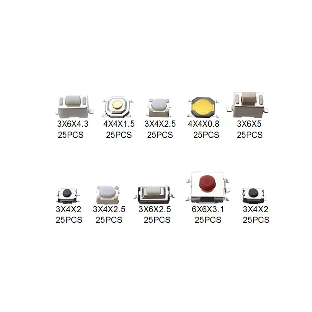 

250Pcs 10-Types Tactile Push Button Switch Car Remote Control Keys Button Touch Microswitch Dropshipping