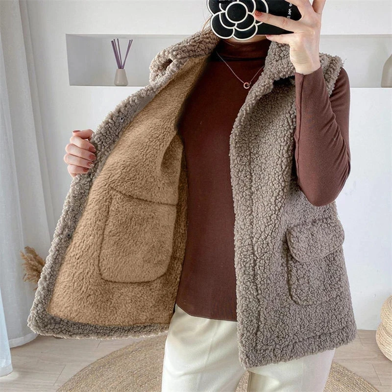 

Women Faux Lamb Wool Vest Tops Sleeveless Winter Coat Gilet Femme Korean Fashion Brown Jackets Thicken Chaleco Mujer Outerwear