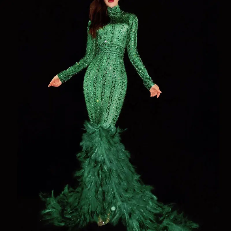 

green Female Sparkly rhinestone dress Feathers Trailing Dress Nightclub Party Stage Costume Bar Prom drag queen long dress
