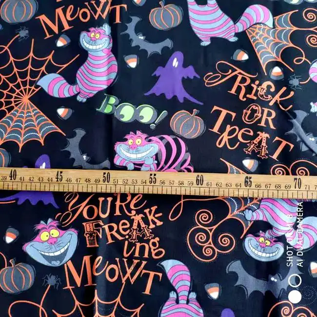 140cm Width Alice in Wonderland Cheshire Cat Trick or Treat Cotton Fabric for Baby Clothes Bags Halloween Decoration DIY-BK666