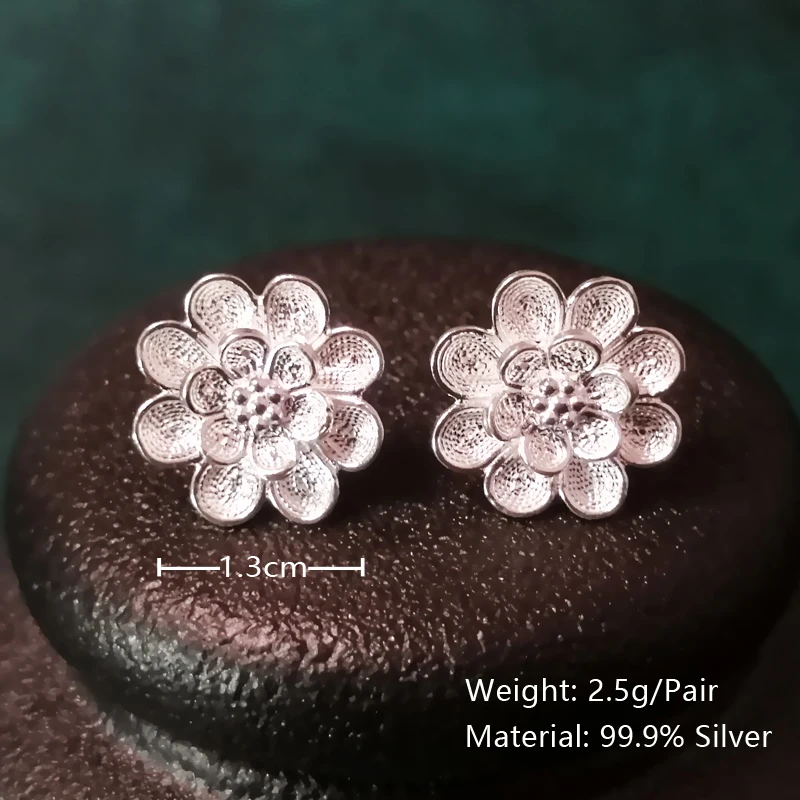 Маленькие серьги гвоздики из стерлингового серебра 999 пробы с цветами для женщин