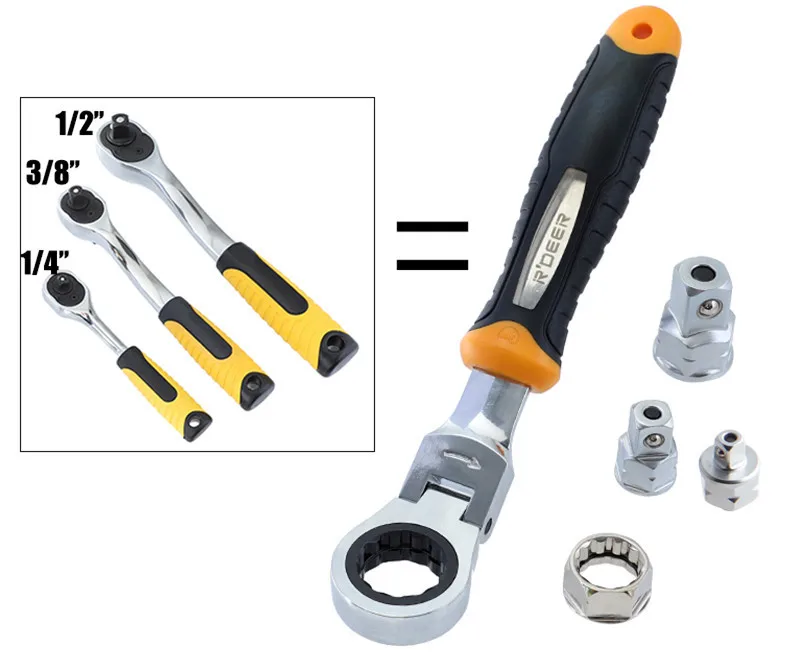 

5in1 1/4" 3/8" 1/2" 72 Teeth Ratchet Wrench For Socket Quick Release Spanner 180 Angle Adjustable Sockets Drive Handle