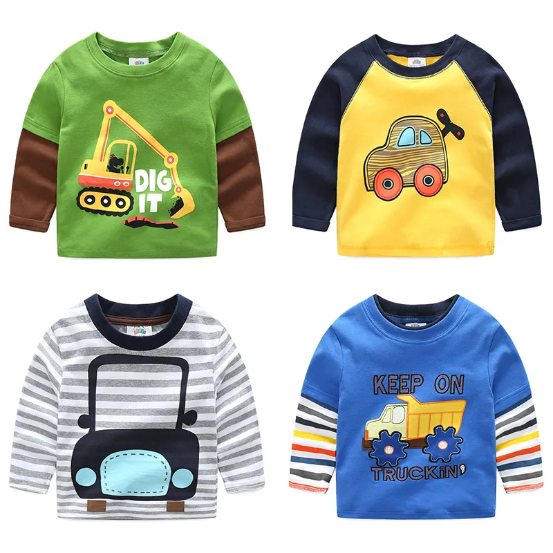 2023 Spring Autumn For 2-9 10 Years Children Cotton Striped Patchwork Cartoon Car Bus Truck Baby Kids Boys Long Sleeve T Shirts