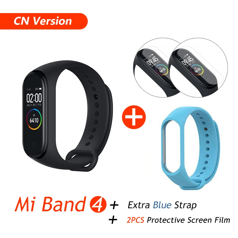 Фирменный Xiaomi mi браслет 4 браслет mi Band 4 фитнес-браслет 3 цвета AMOLED экран музыкальный контроль Smartband - Цвет: CN Add Blue Film
