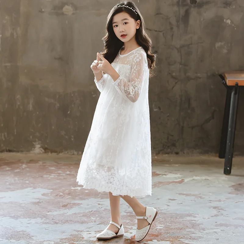 Big Girls Lace Hollow Summer Dress Kids Party Frocks Long Sleeve Elegant White bridesmaid Children Evening Vestidos | Детская одежда и