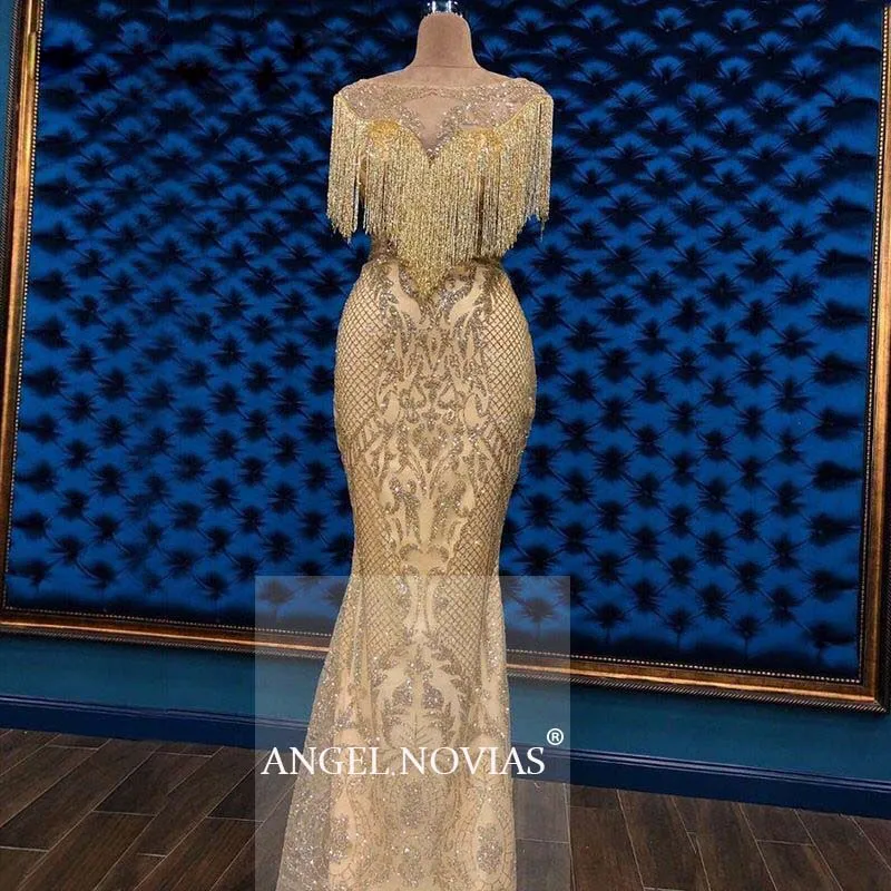 Женское длинное платье с юбкой годе Angel Novias золотистое кружевное вышивкой