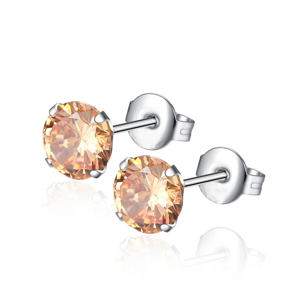 Женские серьги гвоздики с фианитами черного фиолетового цвета шампанского в