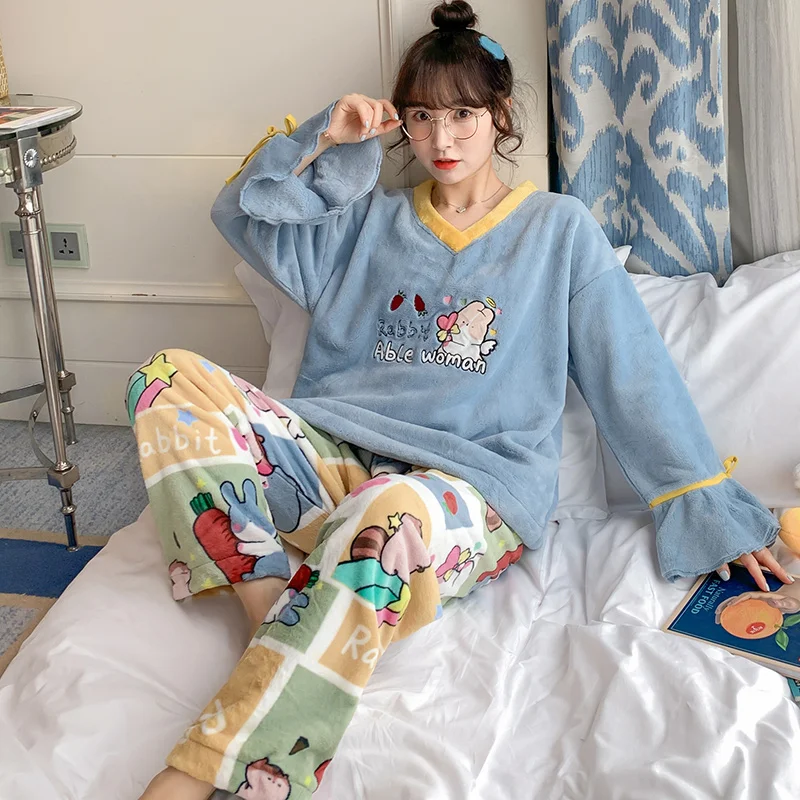 

Winter Warm Flannel Pajamas For Women Sleepwear Long Sleeve Homewear Cartoon Anime Harajuku Female Pijama Xmas Pyjamas