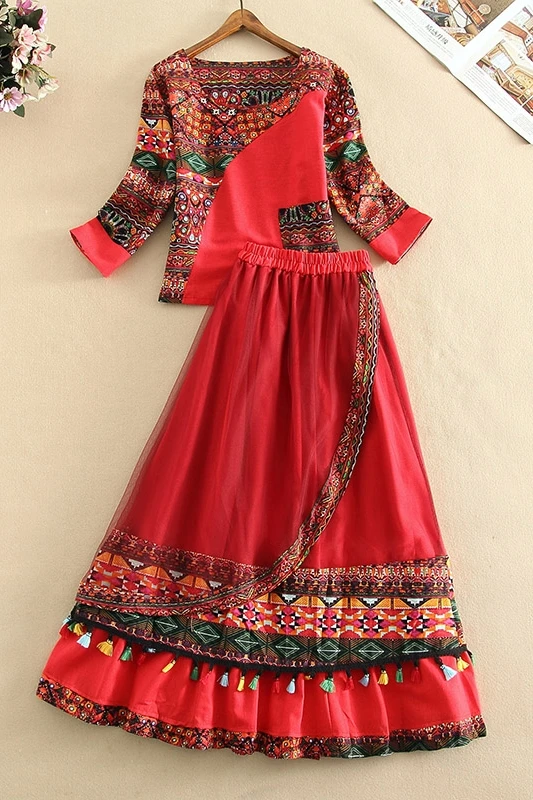 

Ethnic Style Skirt Suit Women Embroidered Print Cotton Linen Blouse Red Tops Retro Elastic Waist Loose Long Skirt Two-Piece Set
