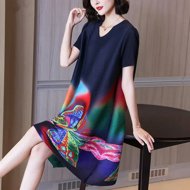 

Women Dress Fashion print pleated dress 2021 summer new style temperament age-reducing cover belly was thin plus size skirt