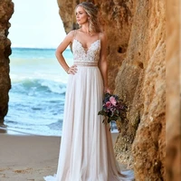 bohemian v neck wedding dress 2021 ivory beach simple lace appliques sweep train chiffon backless sleeveless robe de mariee