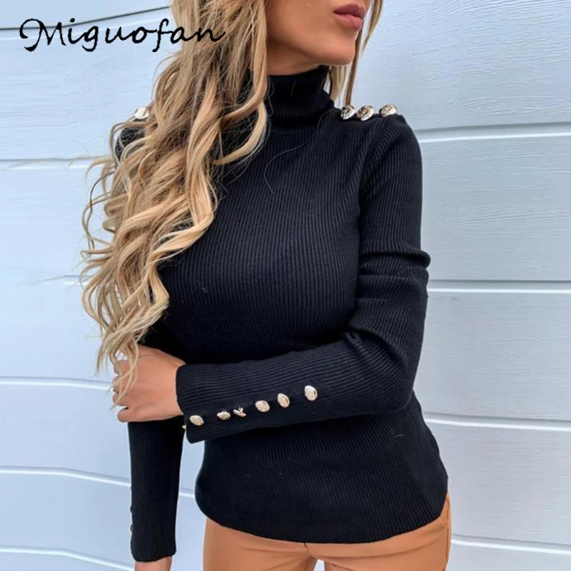 Miguofan solid sweater button women knitted pullovers turtleneck long sleeve sweaters vintage jumpers female pull tops | Женская одежда