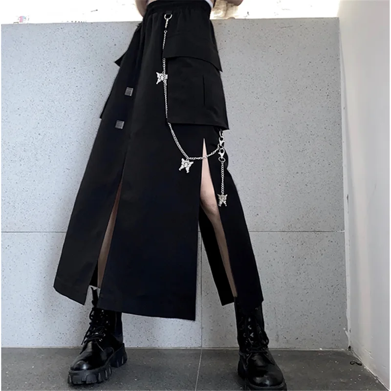 

Женская длинная юбка с цепочкой, черная юбка в Корейском стиле с Боковым Разрезом, уличная одежда в стиле хип-хоп, новинка сезона весна-осень...