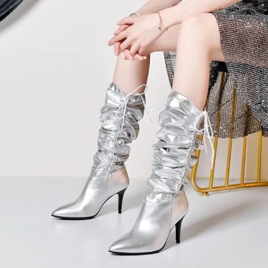 Однотонные черные белые золотистые серебристые женские сапоги до колена на