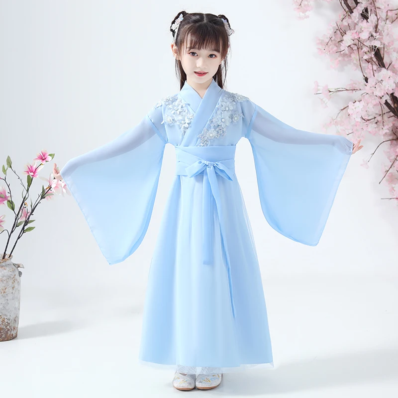 

Детское платье феи Hanfu, традиционная китайская одежда для девочек, танец меньшинств, костюмы, детская одежда для сцены, DN5410