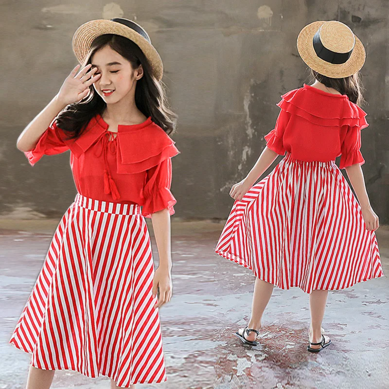 Детская юбка топ с вырезом под горло оборками на рукавах красная Полосатая для