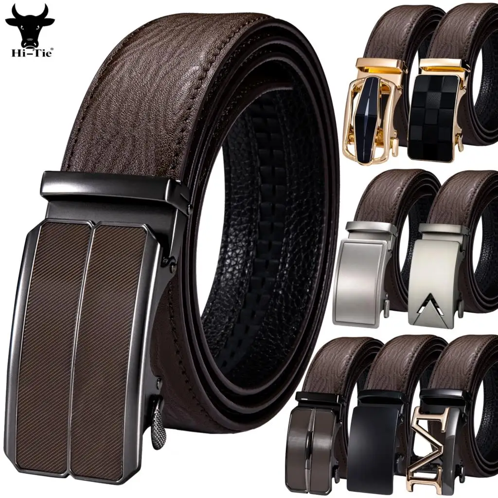 Hi-Tie Brown Genuine Leather Mens Belts Designer Automatic Buckles Straps Waistband For Dress Jeans Suit Men Belt High Quality