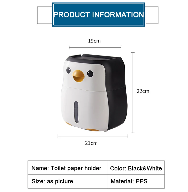 

Creative Penguin Toilet Roll Paper Holder Waterproof Wall Mounted Storage Box Tray Tissue Box Organizer Bathroom Accessories