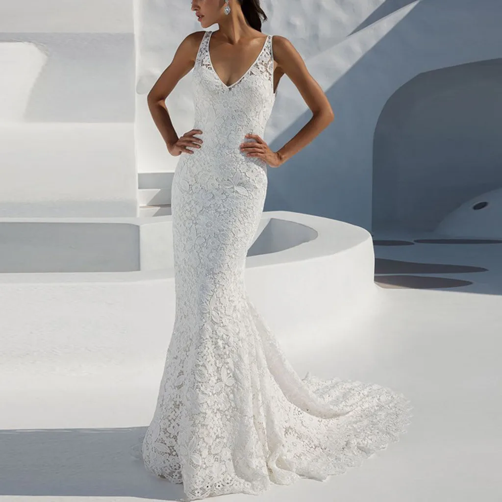 Женское свадебное платье макси длинное без рукавов женское кружевное вечернее с