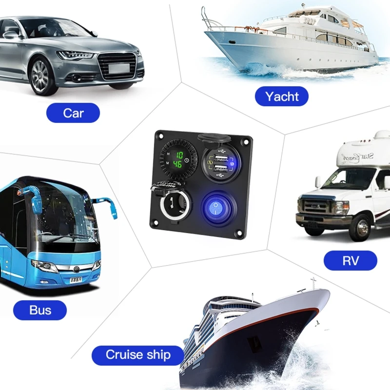 

Car QC3.0 Dual USB Charger Digital Clock ON OFF Switch 12V Outlet Socket Panel Dropshipping