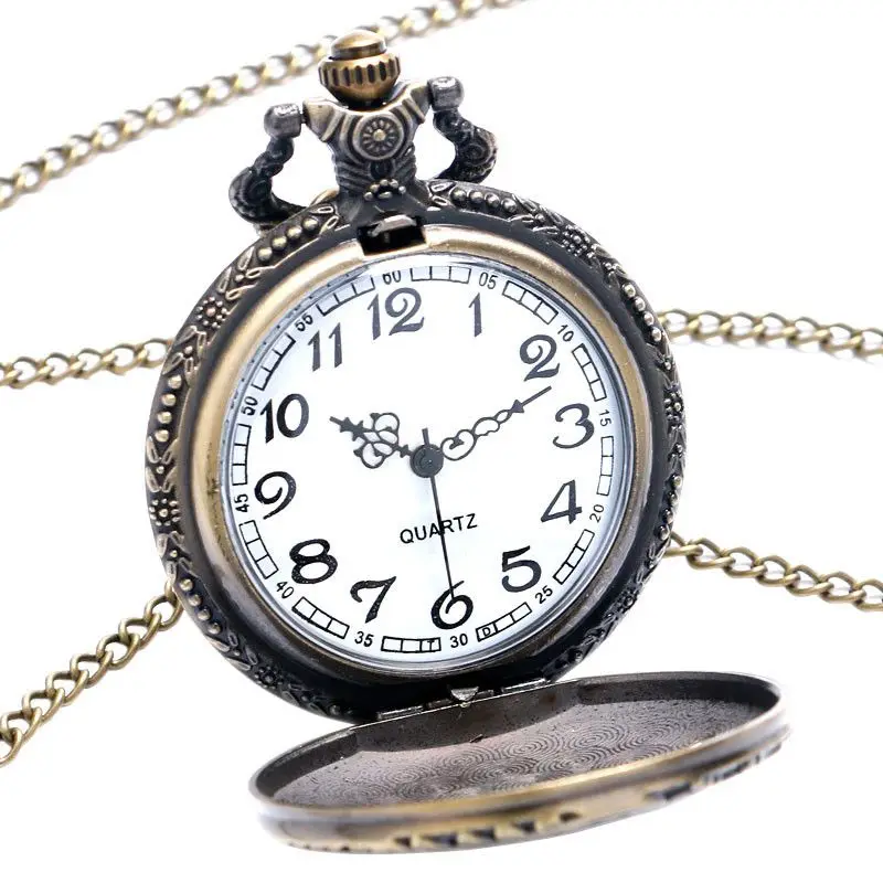 

Large bronze carved hollow locomotive vintage quartz pocket watch Classic flip inside white black pocket watch