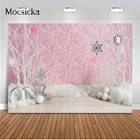 Фон для фотосъемки новорожденных девочек в студии, розовый, зимний, со снежинками