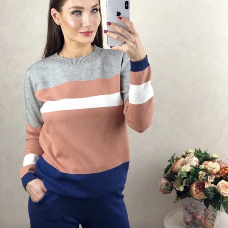 2020 New comfortable Women's sweater suits knitted tracksuit multicolor cut and sew jumper pullovers+pant two piece set outfits | Женская