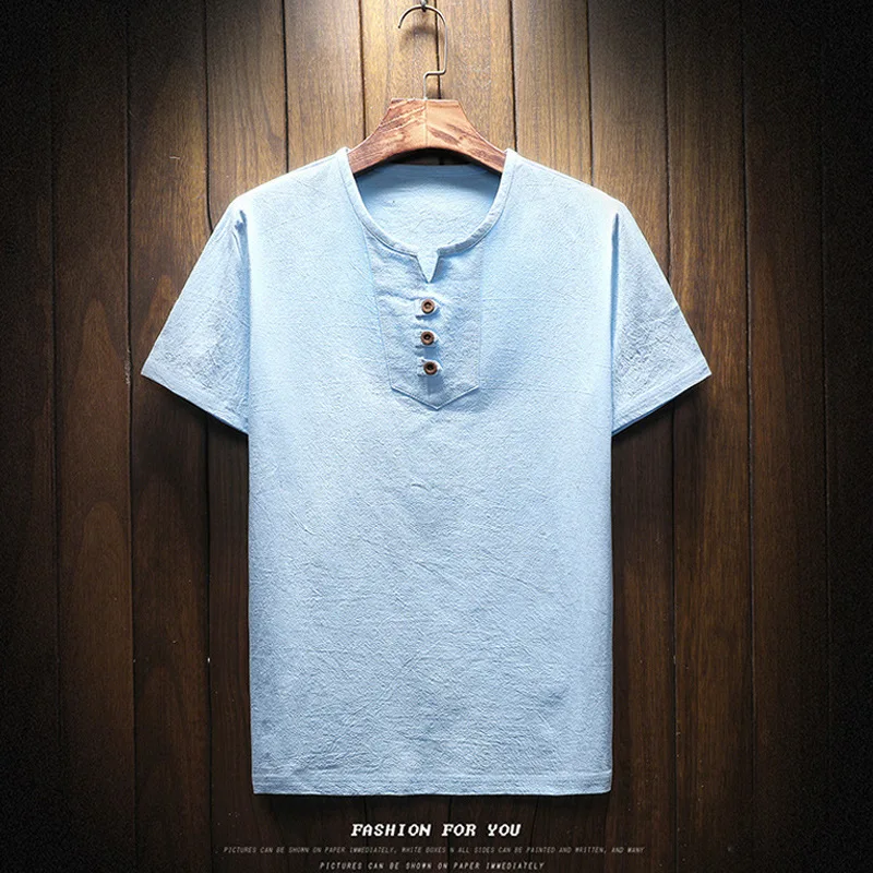 

Cotton And Linen V-neck Short-sleeved T-shirt Men's Summer Retro Plus Size Breathable Linen Bottoming Shirt Casual Men Clothing