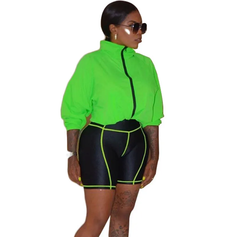 Sexy Two Piece Set Tracksuit for Women Zipper Turtleneck Long Sleeve Jacket Top and Elastic Shorts Casual Sweat Suit Streetwear