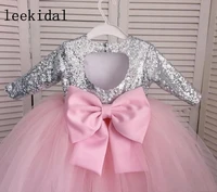 blush pink sequin ball gown flower girls dress jewel long sleeve sequined hollow back bow tulle tiered skirt custom