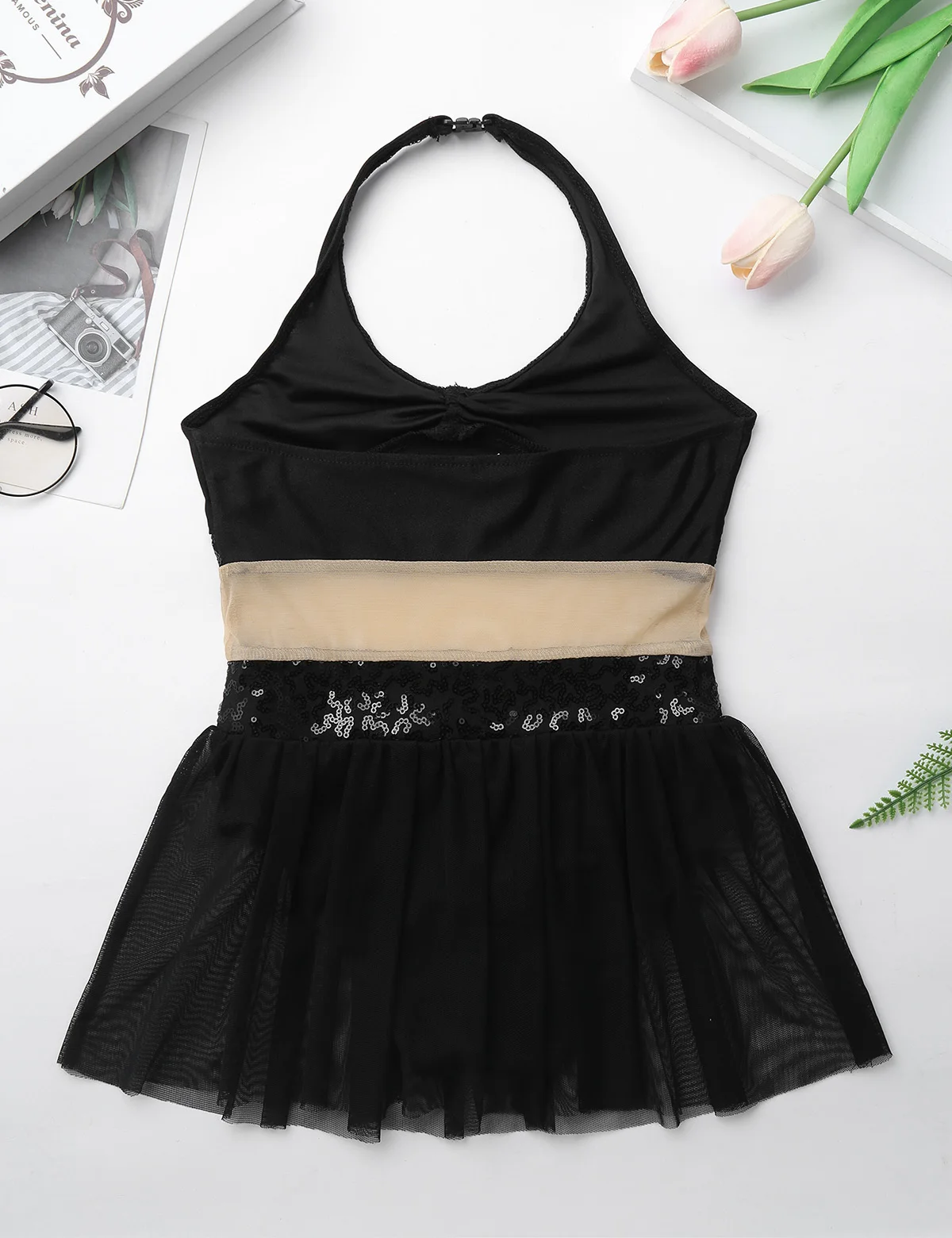 ChicTry Girls Halter Sequin Mesh Stretchy Figure Skating Dress Gymnastics Ballet Leotard Kids Performance Lyrical Dance Costumes