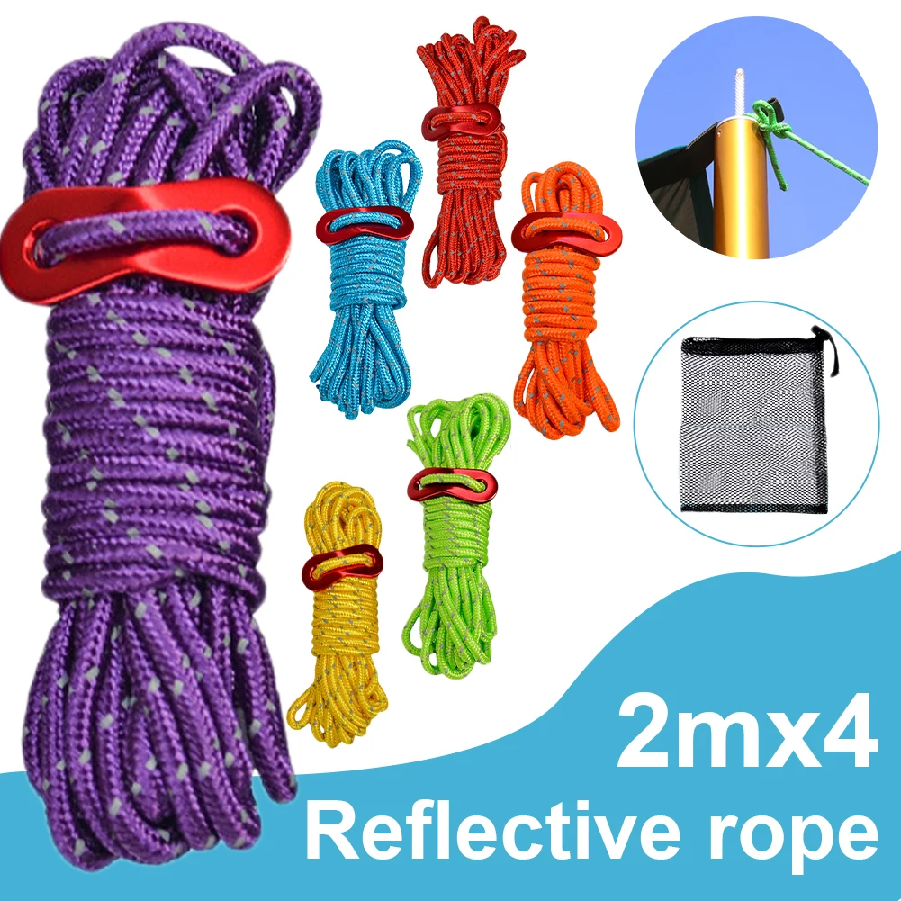 

2M*4 Reflective Guyline High-Strength Paracord Rope with Wind Rope Buckle for Camping Clothes Hanging Multifunctional Tent rope