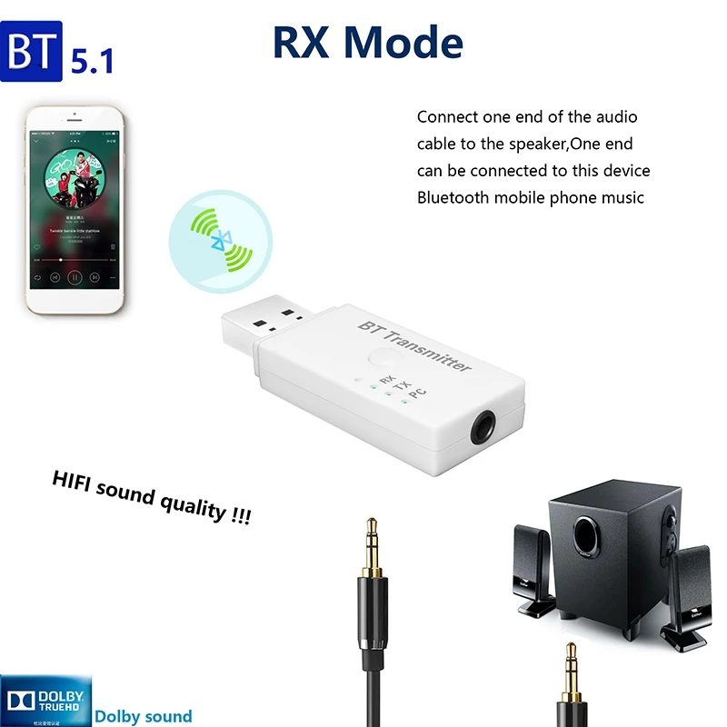 

E3 USB Bluetooth o Adapter 3.5mm Bluetooth Transmitter Car PC TV Receiver TX/RX/PC Output