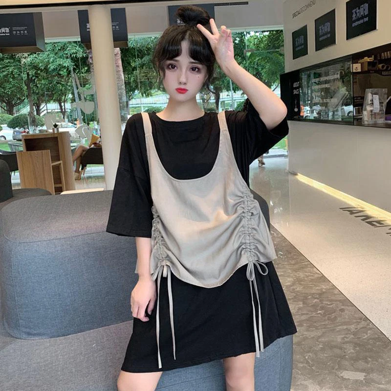 

2xl Oversize Loose Pleated Vest Women Short Sleeve T Shirt Two-piece Suit Harajuku Black White Elegant Casual Clothes Streetwear