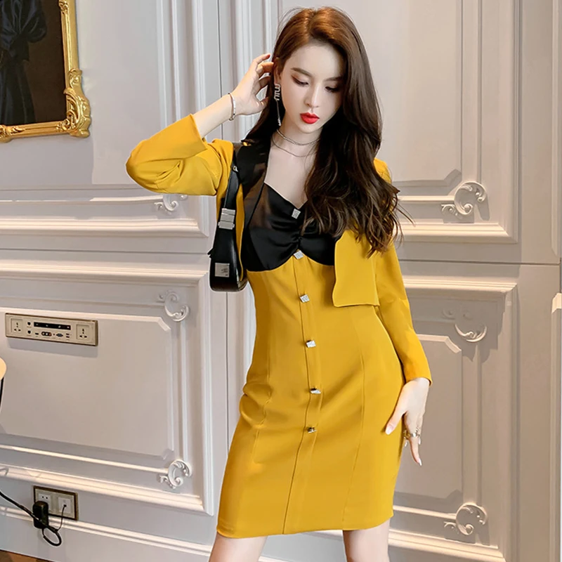 

Fashion Vintage Women OL Temperament Elegant Notched Neck Loose Coat Suit Blazer Sexy Strap Mini Party Dress Female 2 Pieces Set
