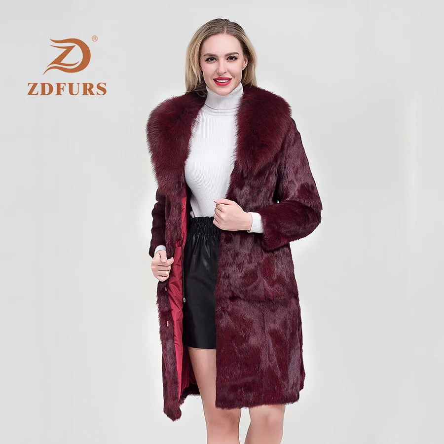ZDFURS*Luxury Long Customize Plus Size Factory Real Price Genuine Rabbit Real Fur Coat Women Fur Jacket New Winter