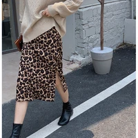 womens spring autumn leopard a line long skirt casual high waist split skirt ladies streetwear skirts