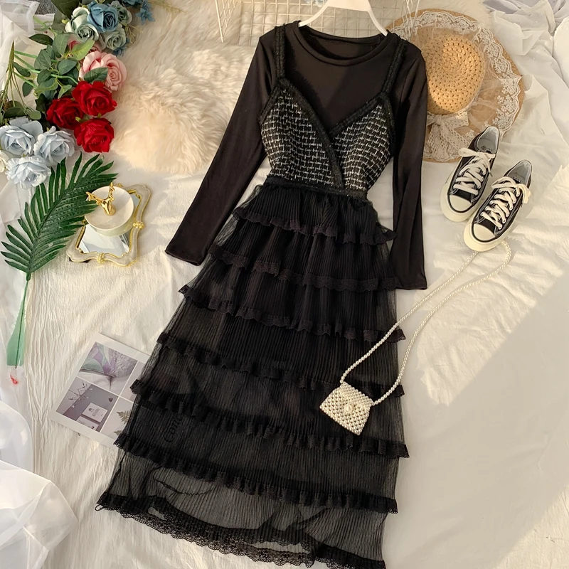 Осеннее женское городское платье до колена с длинным рукавом и каскадной сеткой