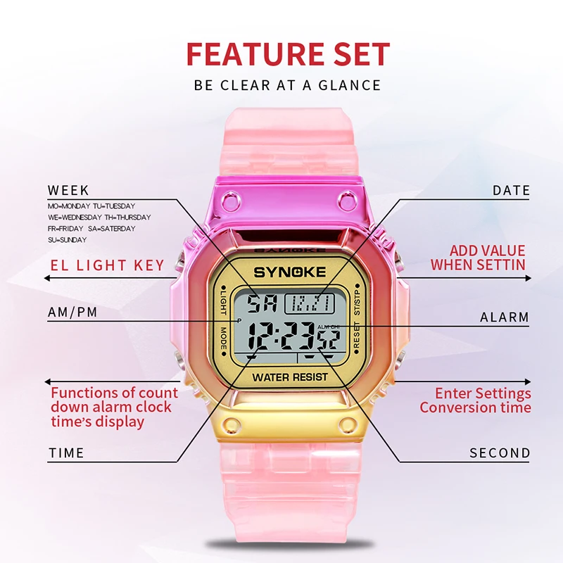 SYNOKE Ladies Watch LED Luminous Fashion Digital Women Men Colorful Sports New Unisex Alarm WristWatches Clocks reloj mujer