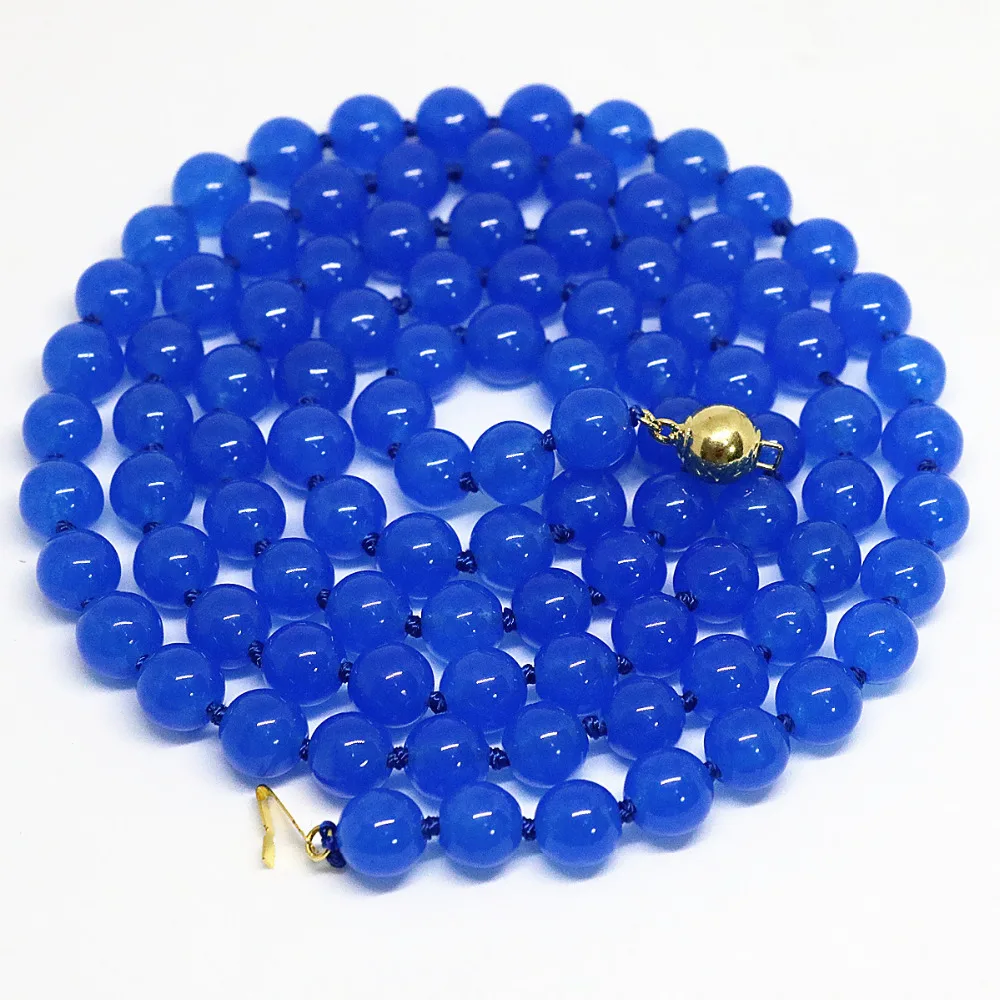 

Newly blue stone chalcedony jades semi-precious long chain 8mm 10mm 12mm round beads necklace for women diy jewelry 36inch B1485