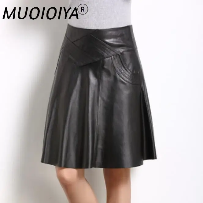 

Vintage Genuine Leather Skirts Women High Waist Black Natural Real Sheepskin A Line Office Ladies Midi Skirts Female Plus Size