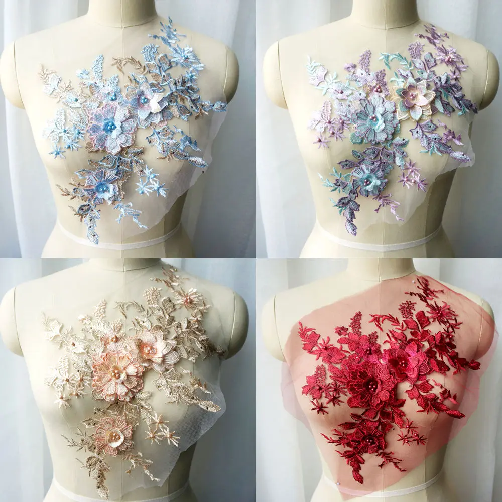 Фиолетовый красный синий кружевной ткани 3D цветок бисер стразы вышитое