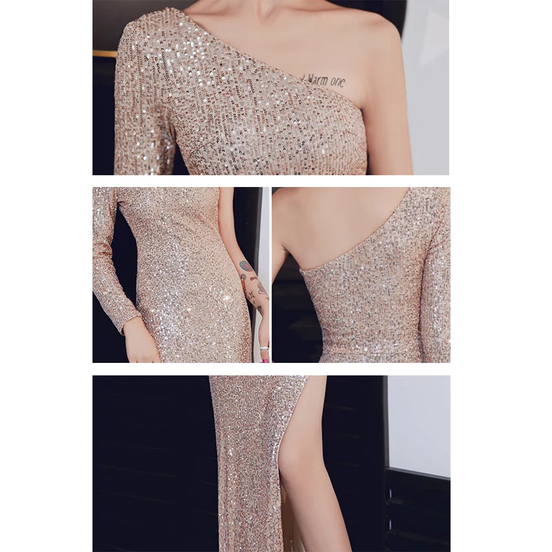 

Evening Dress Champagne Sequined Shining Full Sleeve Evening Gowns For Women One Shoulder Split Mermaid Long Evening Dress K094