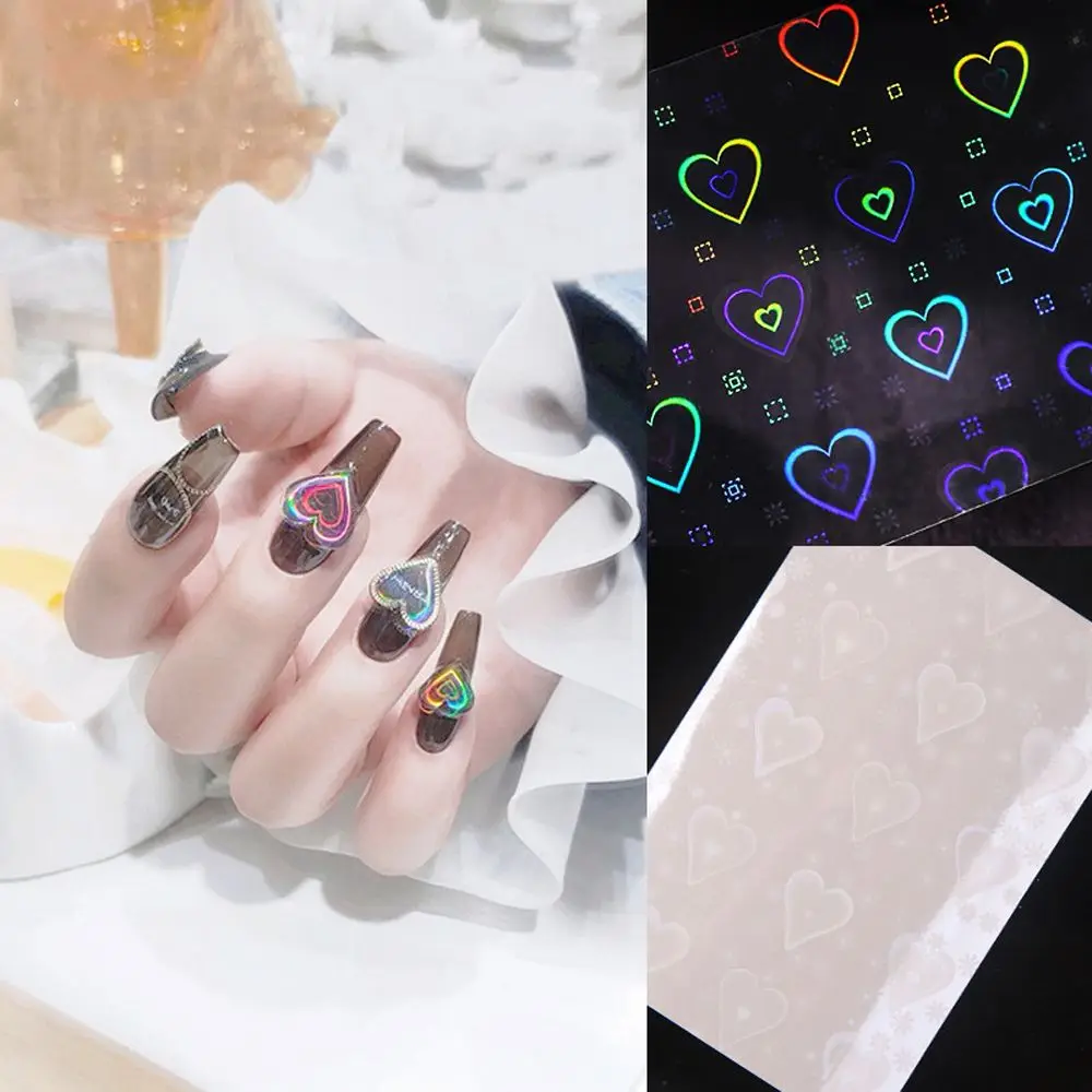 

Fantasy Aurora Heart Shaped Nail Art Sticker Shining Star Flower Pattern Laser Nail Decals Glow In Night Nail Art Supplies