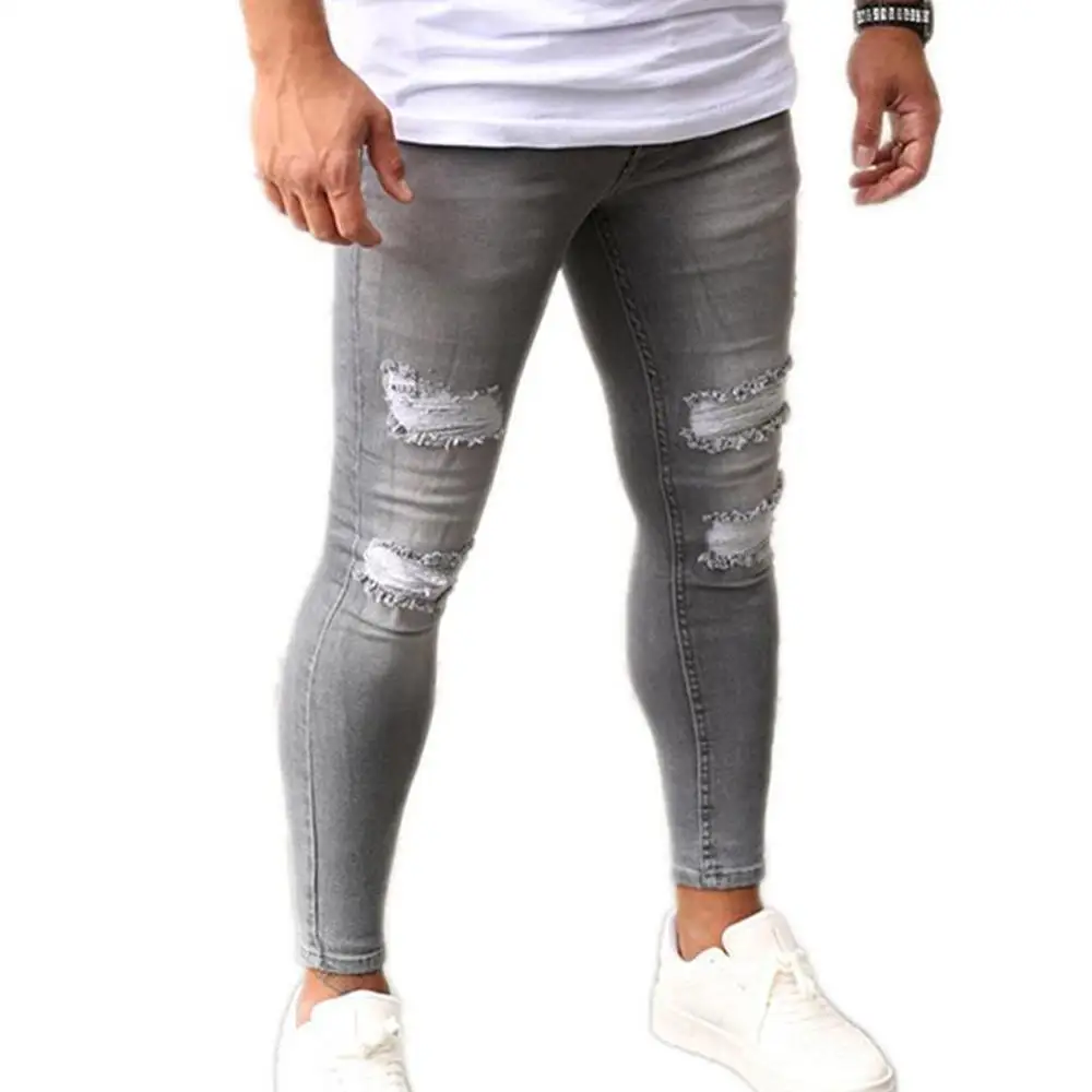 

Ripped Holes Ankle-Length Jeans Men's Slim Fit Trousers Gray Pants