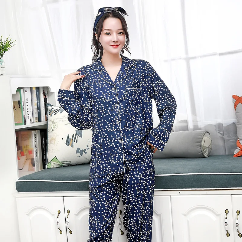 

FZSLCYIYI Women Nightwear Faux Silk Sleepwear Flower Print Long Sleeves 2 Piece Satin Pajamas Set Summer Autumn Winter Homewear