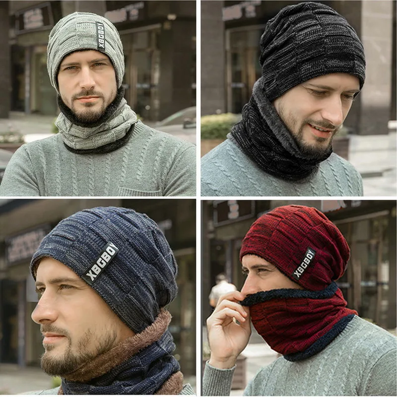 Комплект из 2 предметов, повседневная шапка+ шарф, модный мужской комплект, новинка, зимние теплые вязаные плотные шапки с черепом и мягкие плюшевые шерстяные шарфы