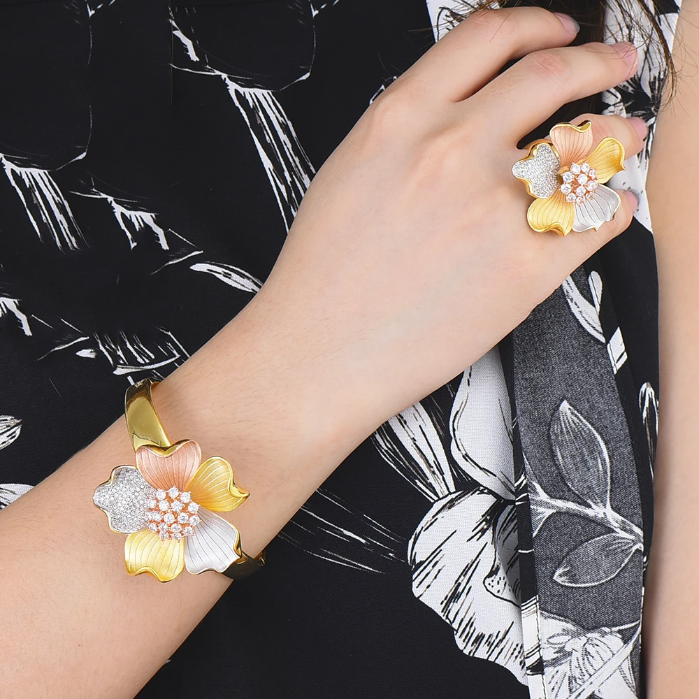 Missvikki Роскошные цветущие цветы большой браслет кольцо ювелирный набор модные
