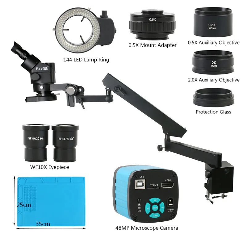 

Simul Focal 3.5X-90X Zoom Trinocular Stereo Microscope+48MP 4K HDMI USB Video Camera+Articulating Arm Pillar Clamp Stand